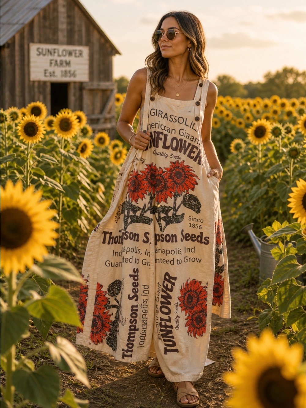 Sunflower Print Maxi Pinafore Dress - Beige with Red Sunflowers